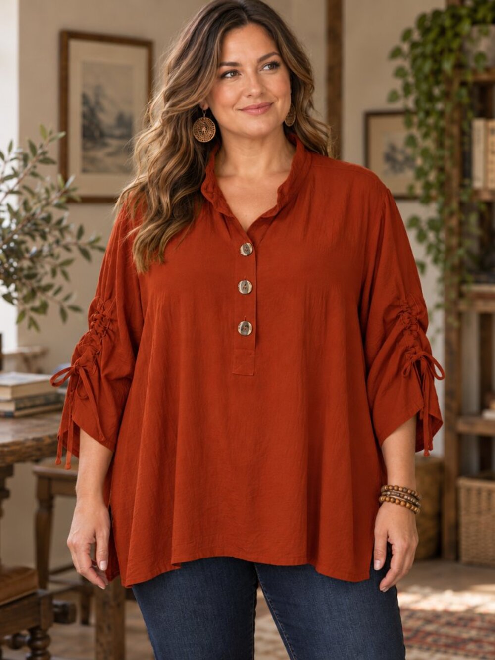 John Mark Womens Tunic Top 3X Burnt Orange Wired Collar Ruched Sleeve Artsy Boho